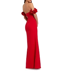 Mac Duggal Crepe Off-The-Shoulder Neck Draped Sleeve 3D Flower Gown