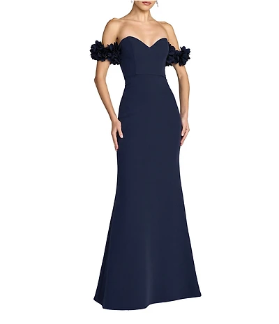 Mac Duggal Crepe Off-The-Shoulder Neck Draped Sleeve 3D Flower Gown