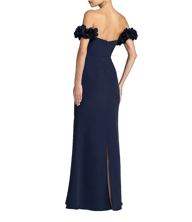 Mac Duggal Crepe Off-The-Shoulder Neck Draped Sleeve 3D Flower Gown