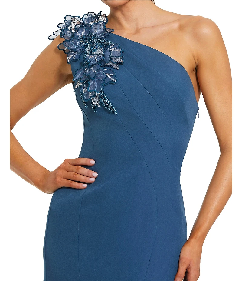 Mac Duggal Crepe One Shoulder 3D Flower Applique Mermaid Gown