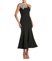 Mac Duggal Crepe One Shoulder Mermaid Midi Dress With Flower