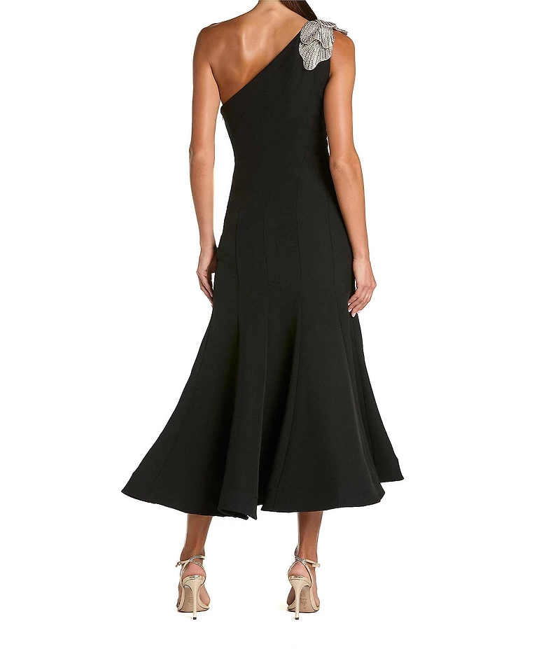Mac Duggal Crepe One Shoulder Mermaid Midi Dress With Flower