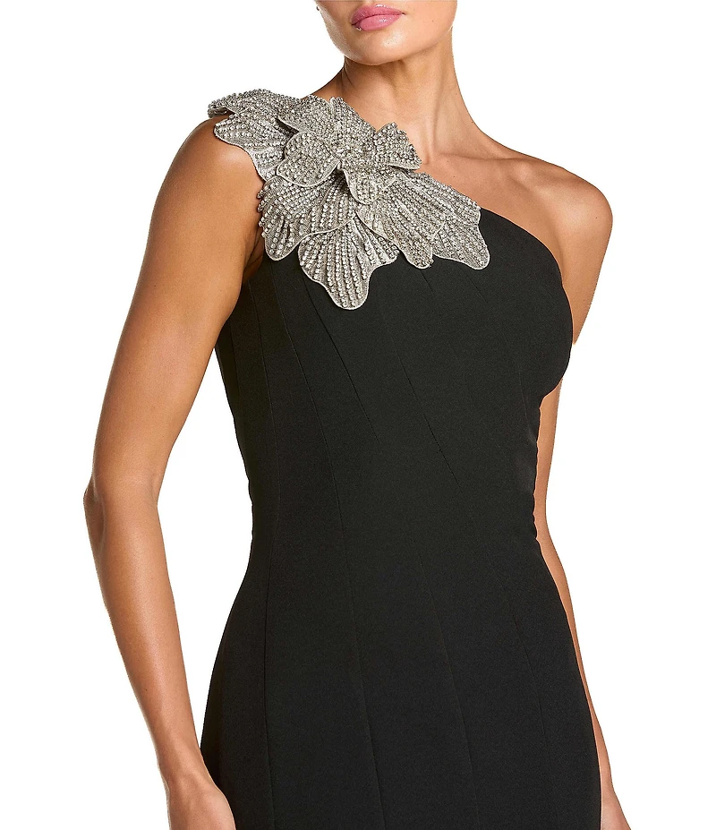 Mac Duggal Crepe One Shoulder Mermaid Midi Dress With Flower