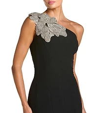 Mac Duggal Crepe One Shoulder Mermaid Midi Dress With Flower