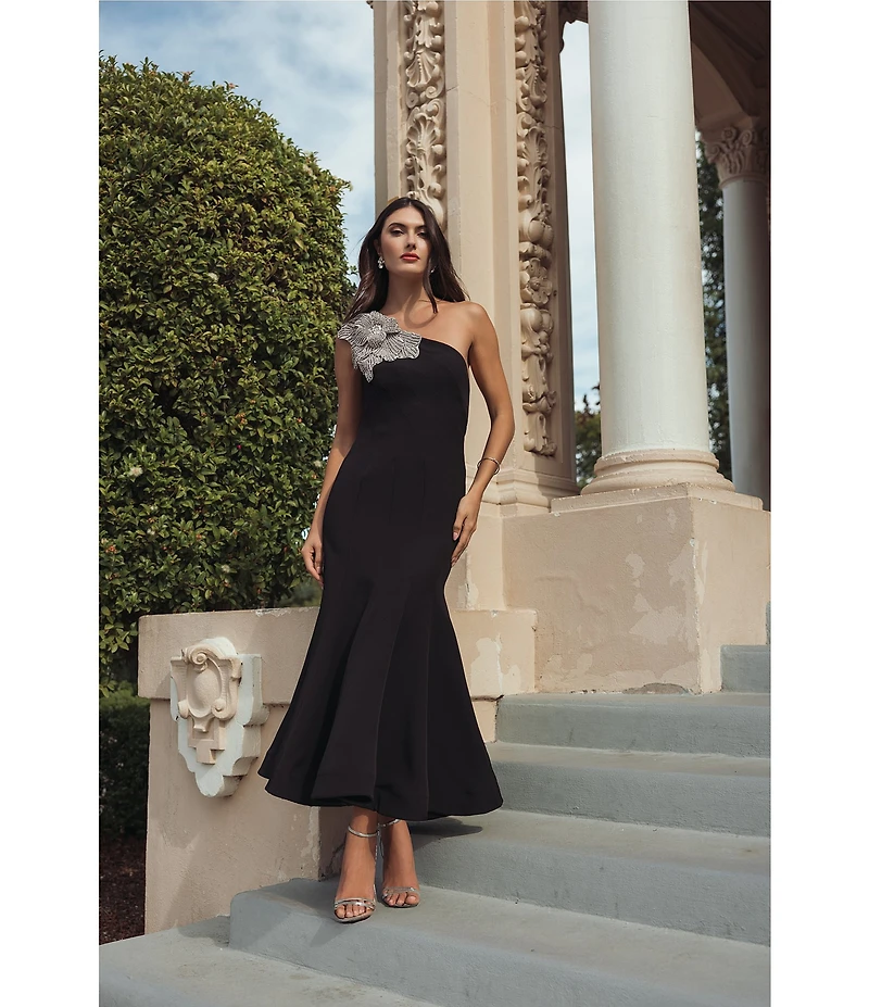 Mac Duggal Crepe One Shoulder Mermaid Midi Dress With Flower