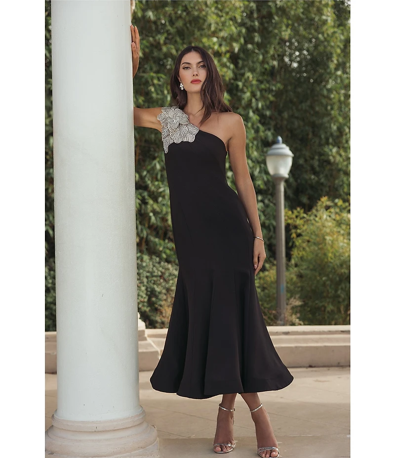 Mac Duggal Crepe One Shoulder Mermaid Midi Dress With Flower