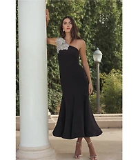 Mac Duggal Crepe One Shoulder Mermaid Midi Dress With Flower