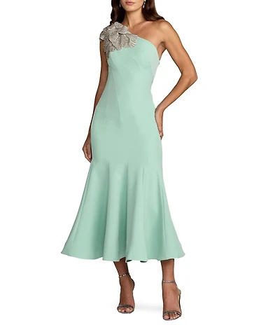 Mac Duggal Crepe One Shoulder Mermaid Midi Dress With Flower