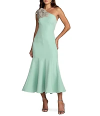 Mac Duggal Crepe One Shoulder Mermaid Midi Dress With Flower