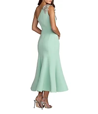 Mac Duggal Crepe One Shoulder Mermaid Midi Dress With Flower