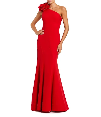Mac Duggal Crepe One-Shoulder Neck Sleeveless Rosette Mermaid Gown