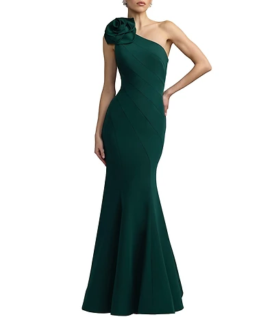 Mac Duggal Crepe One-Shoulder Neck Sleeveless Rosette Mermaid Gown