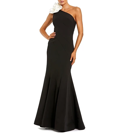 Mac Duggal Crepe One-Shoulder Neck Sleeveless Rosette Mermaid Gown