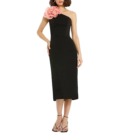 Mac Duggal Crepe One Shoulder Pink Flower Applique Sleeveless Back Slit Midi Sheath Dress