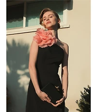 Mac Duggal Crepe One Shoulder Pink Flower Applique Sleeveless Back Slit Midi Sheath Dress