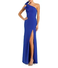 Mac Duggal Crepe One Shoulder Sleeveless Bow Shoulder Side Slit Gown