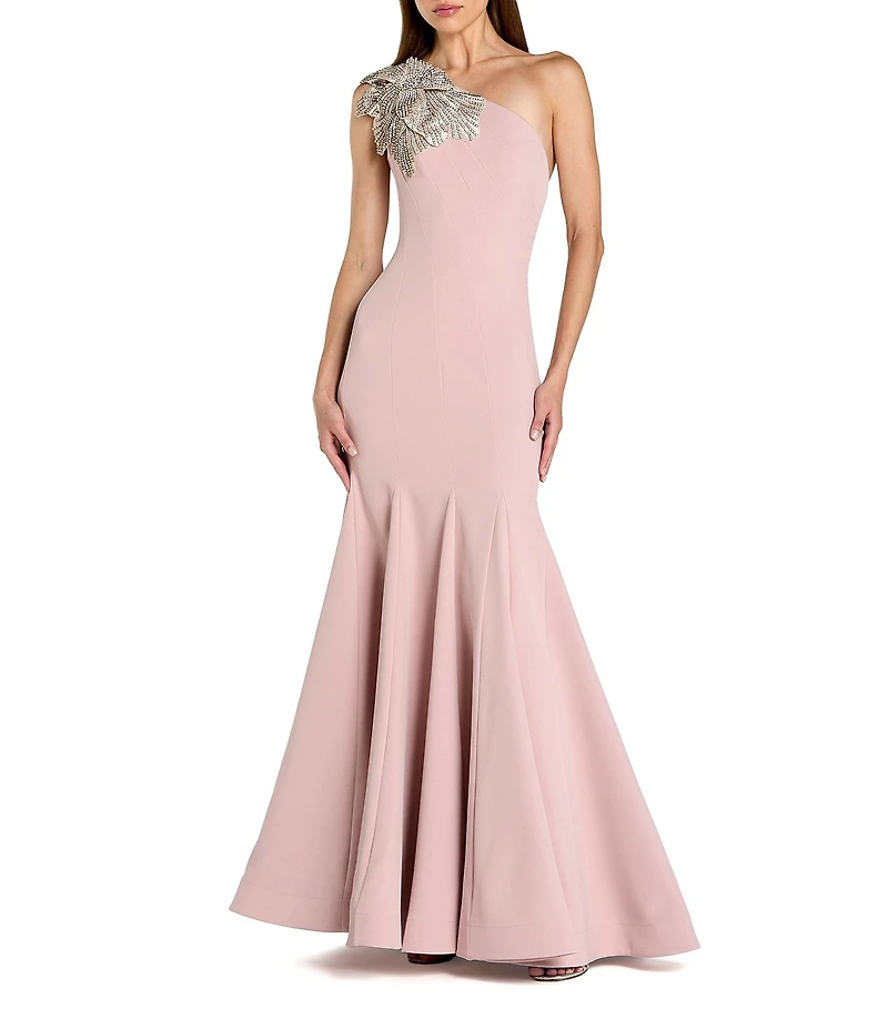 Mac Duggal Crepe One Shoulder Sleeveless Flower Applique Gown