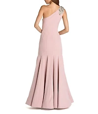 Mac Duggal Crepe One Shoulder Sleeveless Flower Applique Gown