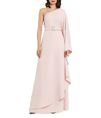 Mac Duggal Crepe One Sleeve Belted Kaftan Dress