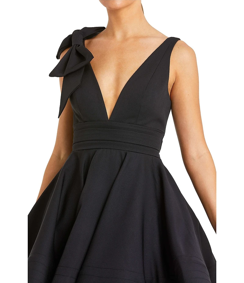 Mac Duggal Crepe Plunge V-Neck Sleeveless Bow Fit & Flare Mini Dress