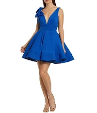 Mac Duggal Crepe Plunge V-Neck Sleeveless Bow Fit & Flare Mini Dress