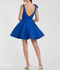 Mac Duggal Crepe Plunge V-Neck Sleeveless Bow Fit & Flare Mini Dress