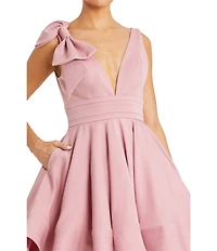 Mac Duggal Crepe Plunge V-Neck Sleeveless Bow Fit & Flare Mini Dress