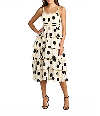 Mac Duggal Crepe Polka Dot Pearl Scoop Neck Ruffle Midi Dress
