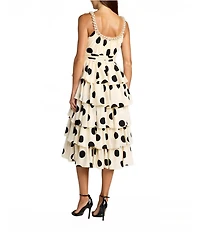 Mac Duggal Crepe Polka Dot Pearl Scoop Neck Ruffle Midi Dress