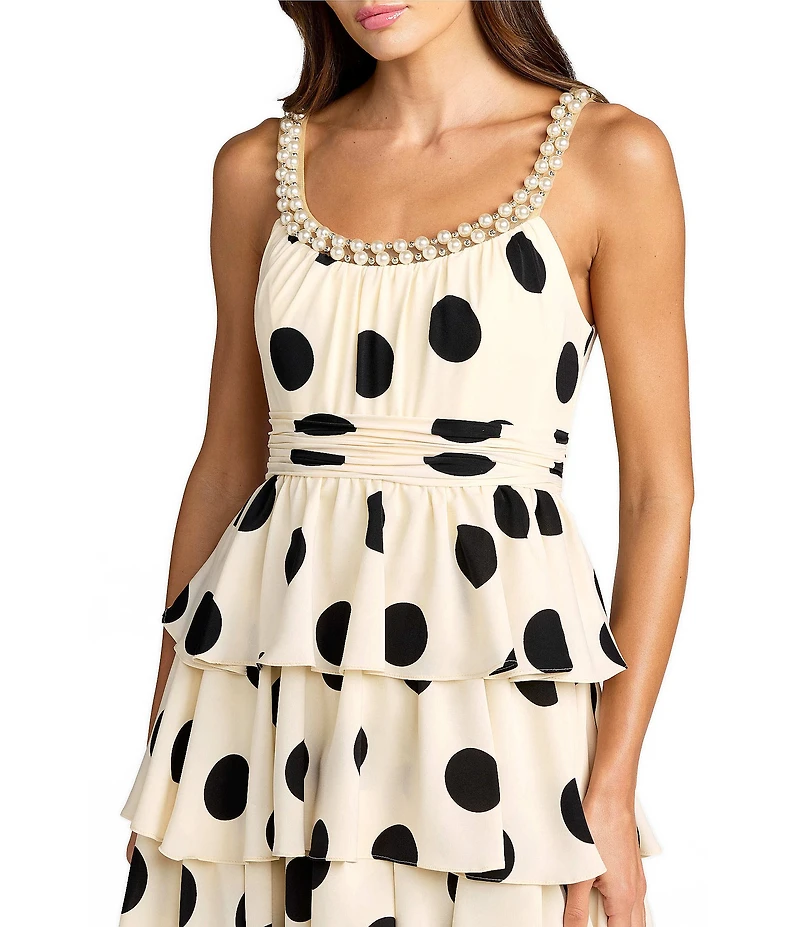 Mac Duggal Crepe Polka Dot Pearl Scoop Neck Ruffle Midi Dress