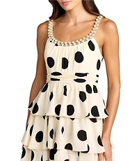 Mac Duggal Crepe Polka Dot Pearl Scoop Neck Ruffle Midi Dress