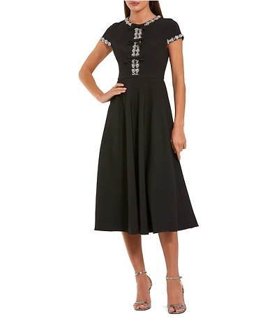 Mac Duggal Crepe Rhinestone Beading Bow Midi Dress