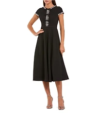 Mac Duggal Crepe Rhinestone Beading Bow Midi Dress