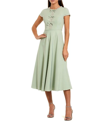 Mac Duggal Crepe Rhinestone Beading Bow Midi Dress