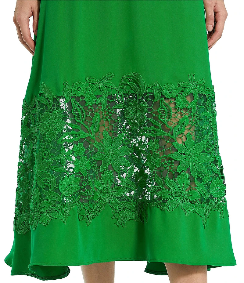 Mac Duggal Crepe Round Neck 3/4 Sleeve Applique Lace Belted Midi A-Line Dress