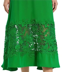 Mac Duggal Crepe Round Neck 3/4 Sleeve Applique Lace Belted Midi A-Line Dress