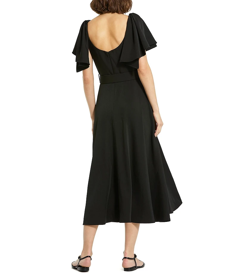 Mac Duggal Crepe Scoop Neck Short Ruffle Sleeve Belted Midi A-Line Dress