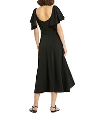 Mac Duggal Crepe Scoop Neck Short Ruffle Sleeve Belted Midi A-Line Dress
