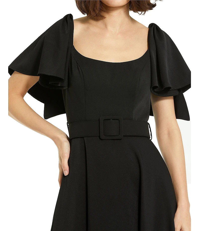 Mac Duggal Crepe Scoop Neck Short Ruffle Sleeve Belted Midi A-Line Dress