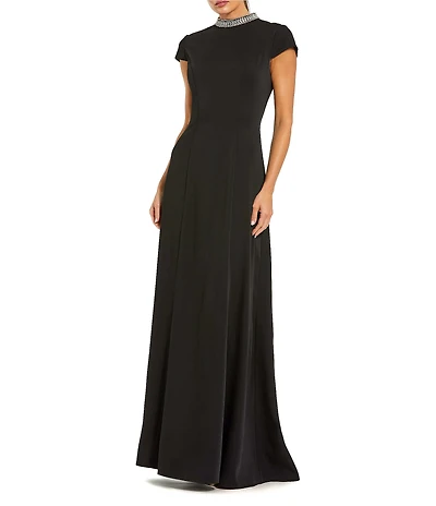Mac Duggal Crepe Short Sleeve Gown With Beaded Neckline