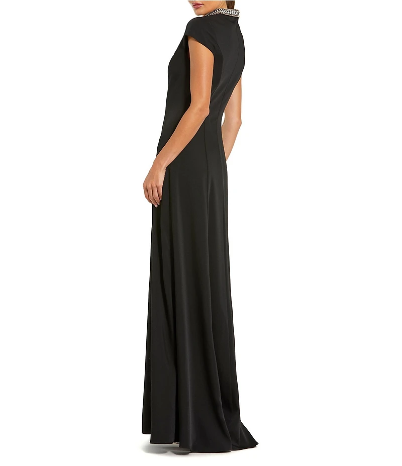 Mac Duggal Crepe Short Sleeve Gown With Beaded Neckline