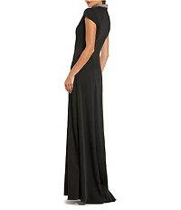 Mac Duggal Crepe Short Sleeve Gown With Beaded Neckline