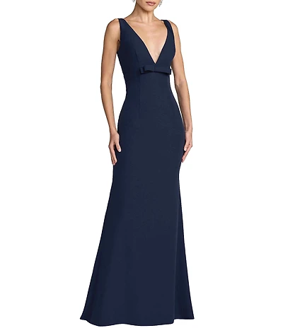 Mac Duggal Crepe Sleeveless Bow Front V-Neck Gown