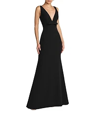 Mac Duggal Crepe Sleeveless Bow Front V-Neck Gown