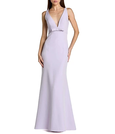 Mac Duggal Crepe Sleeveless Bow Front V-Neck Gown