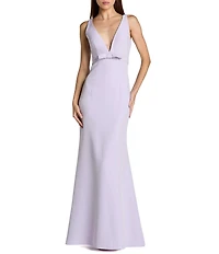 Mac Duggal Crepe Sleeveless Bow Front V-Neck Gown