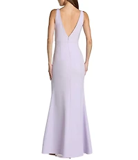 Mac Duggal Crepe Sleeveless Bow Front V-Neck Gown