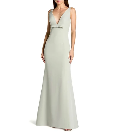Mac Duggal Crepe Sleeveless Bow Front V-Neck Gown