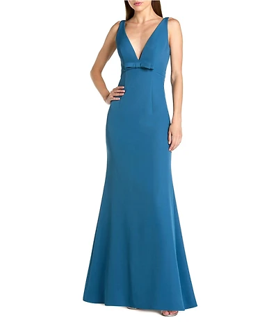 Mac Duggal Crepe Sleeveless Bow Front V-Neck Gown