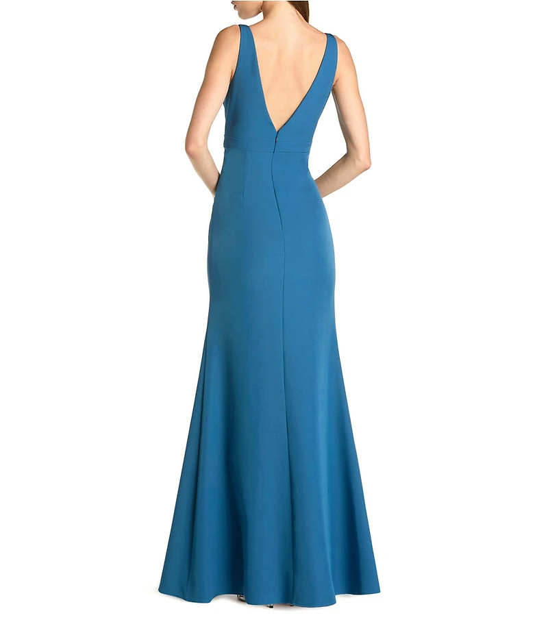 Mac Duggal Crepe Sleeveless Bow Front V-Neck Gown